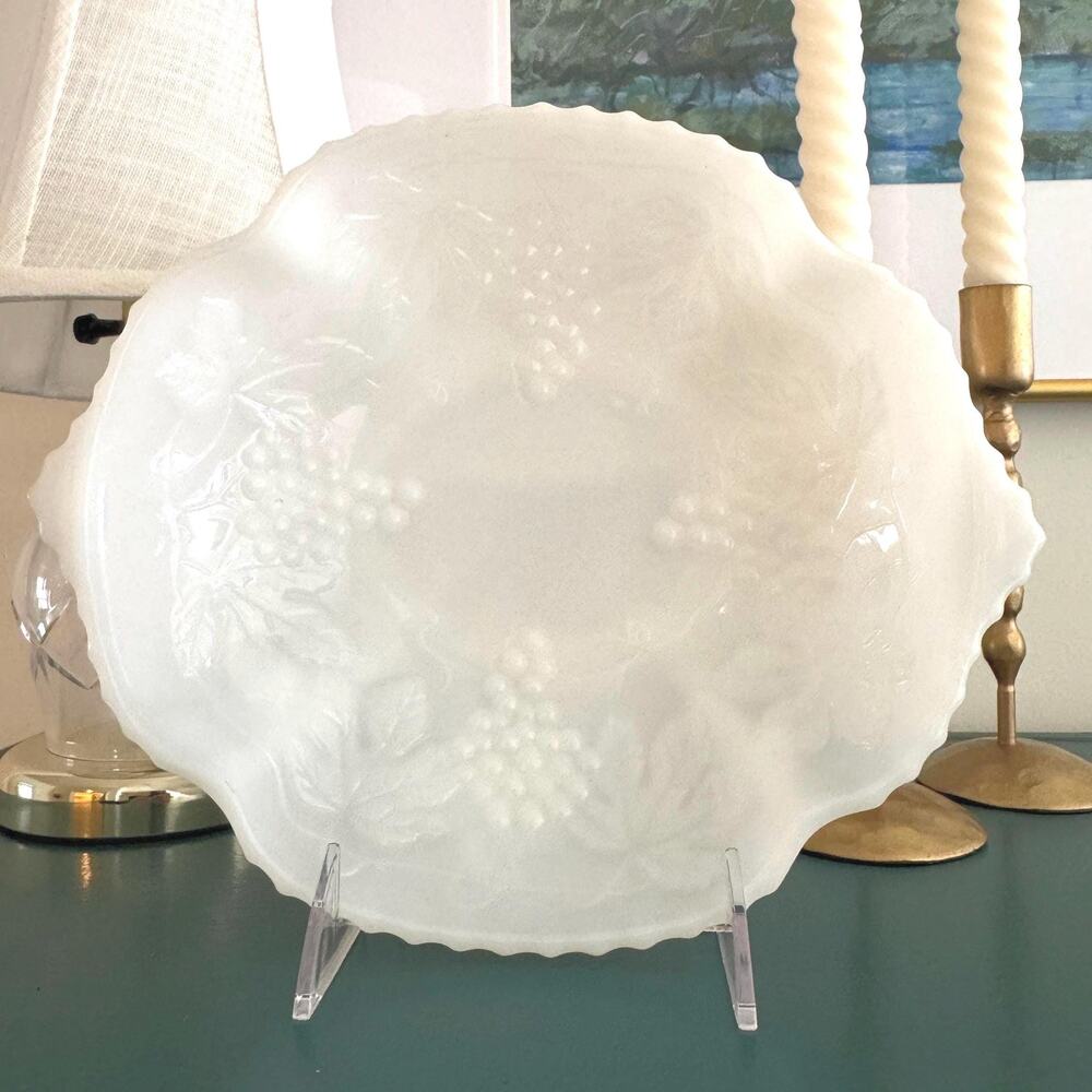 Vintage Milk Glass Grapevine Pattern Serving Bowl lor Tray - Cottagecore Decor